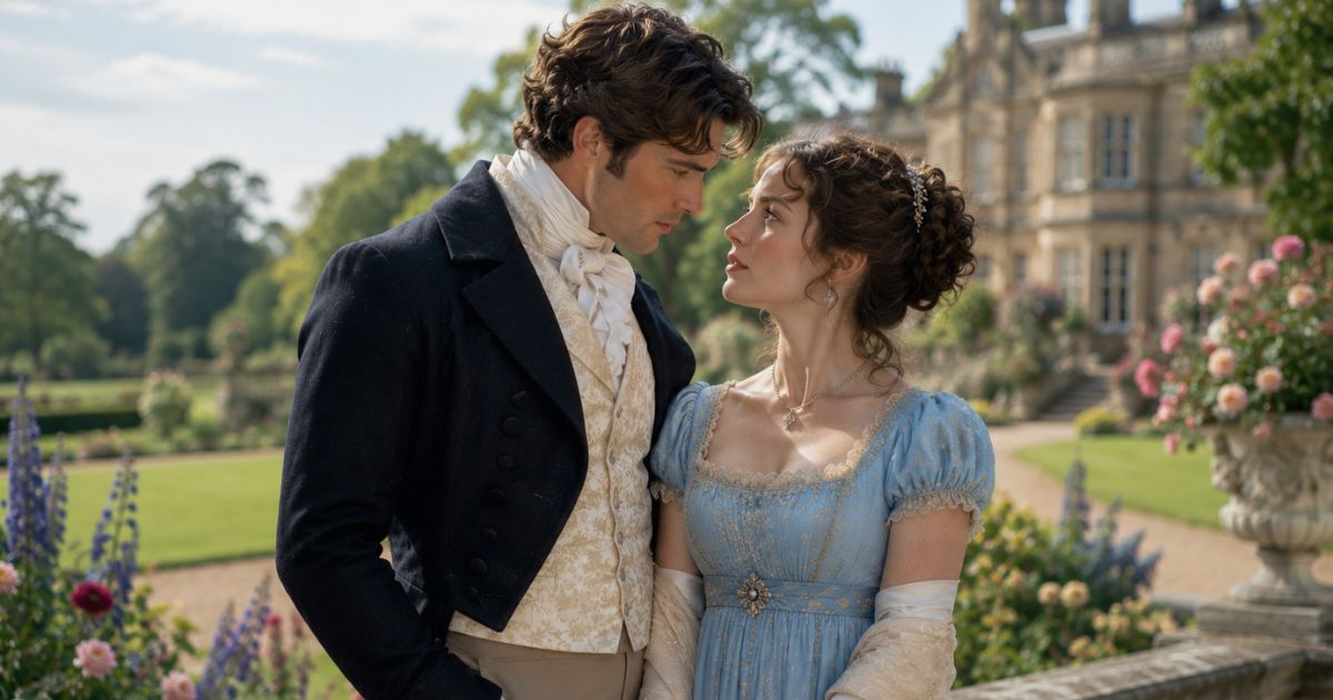 Elegant Regency couple strolling standing in garden