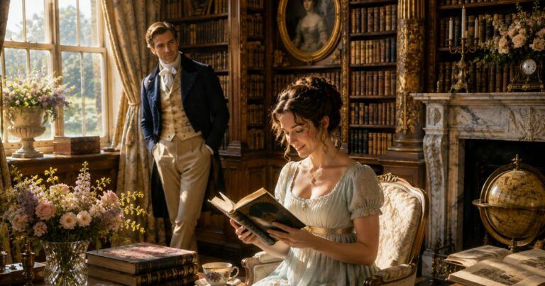 Elegant Regency-era couple walking through a formal English garden