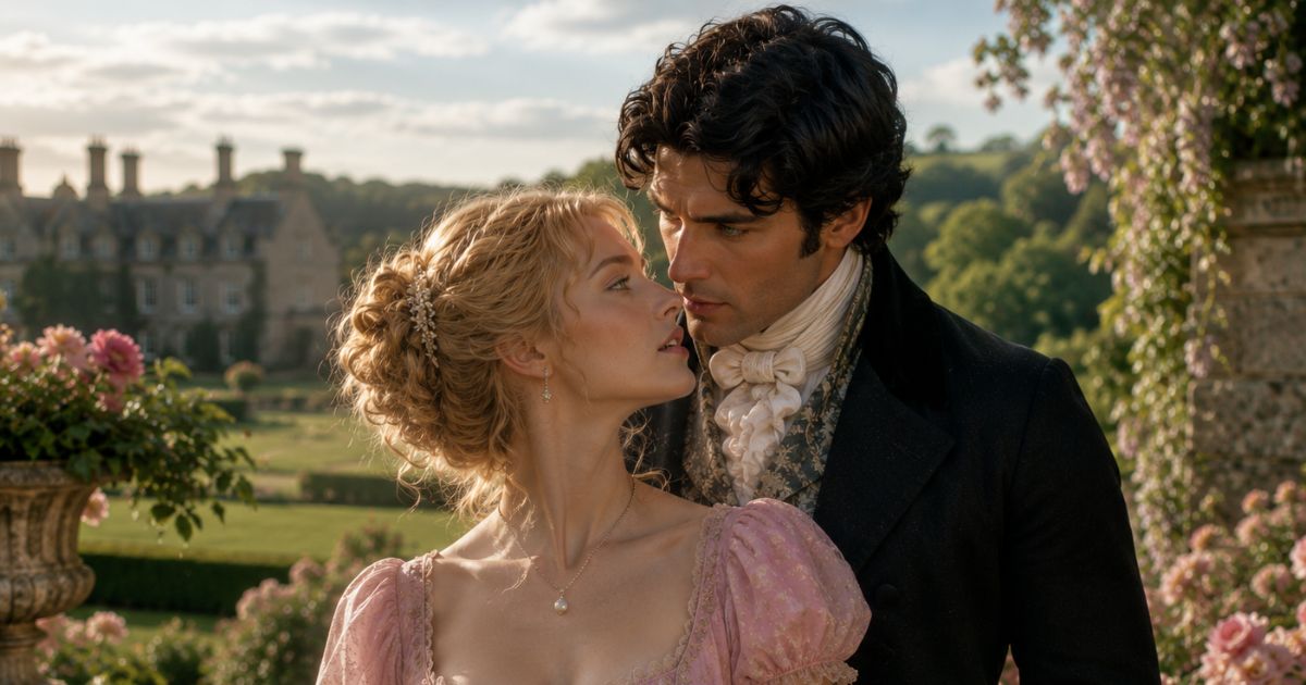 Regency couple elegantly dressed and standing outside in a beautiful garden